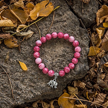 Bratara “Paloma” cu pietre semipretioase, Rodocrozit Roz si Charm Elefant, pentru femei, margele de 8mm [4]