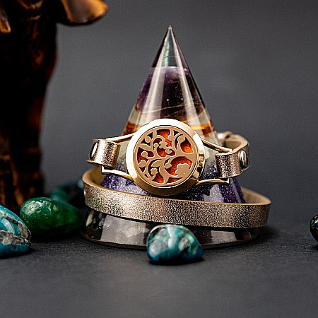 Bratara Pentru Aromaterapie Uleiuri Esentiale, Curea din Piele Ecologica, Aurie, Dubla, cu Medalion Rose Gold Flower [6]