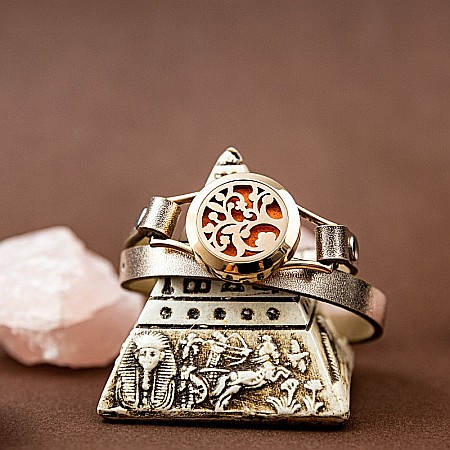 Bratara Pentru Aromaterapie Uleiuri Esentiale, Curea din Piele Ecologica, Aurie, Dubla, cu Medalion Rose Gold Flower [5]