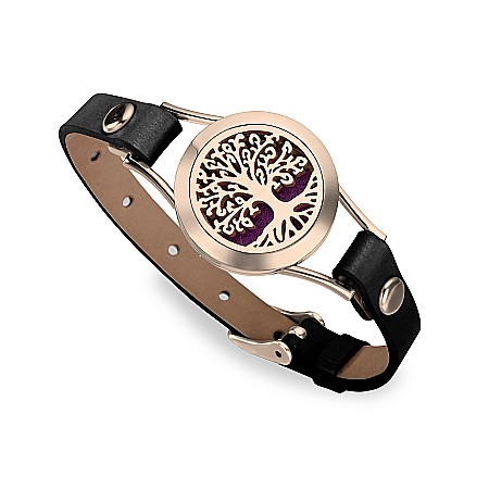 Bratara Pentru Aromaterapie Uleiuri Esentiale, Curea din Piele Ecologica, Aurie, Simpla, cu Medalion Copacul Vietii Rose Gold