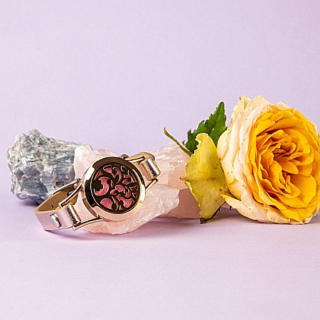 Bratara Pentru Aromaterapie Uleiuri Esentiale, Curea din Piele Ecologica, Aurie, Simpla, cu Medalion Rose Gold Flower [6]