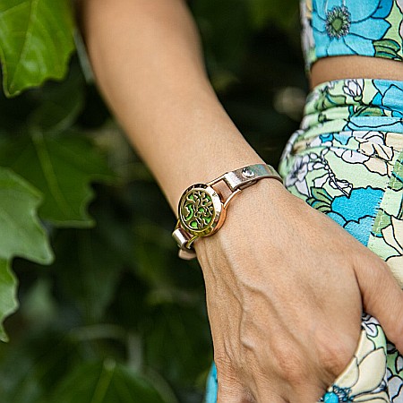 Bratara Pentru Aromaterapie Uleiuri Esentiale, Curea din Piele Ecologica, Aurie, Simpla, cu Medalion Rose Gold Flower [2]