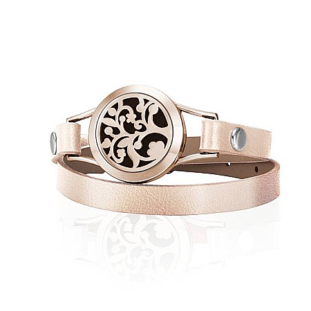 Bratara Pentru Aromaterapie Uleiuri Esentiale, Curea din Piele Ecologica, Aurie, Dubla, cu Medalion Rose Gold Flower