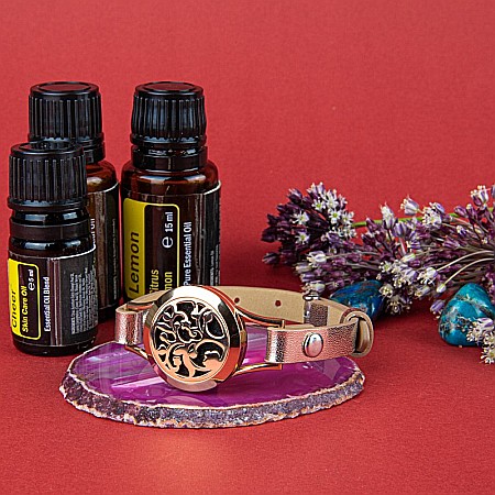Bratara Pentru Aromaterapie Uleiuri Esentiale, Curea din Piele Ecologica, Aurie, Simpla, cu Medalion Rose Gold Flower [5]