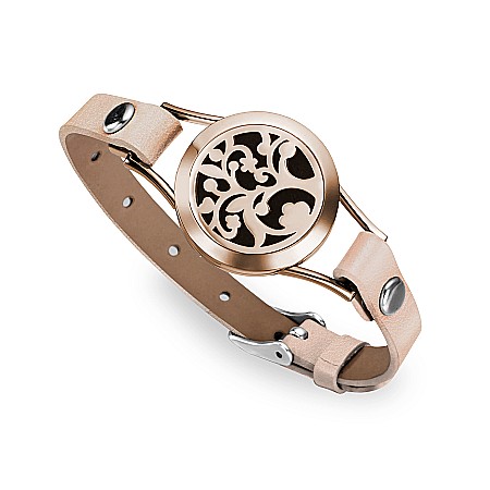 Bratara Pentru Aromaterapie Uleiuri Esentiale, Curea din Piele Ecologica, Aurie, Simpla, cu Medalion Rose Gold Flower