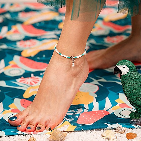 Bratara de picior elastica Saira din Mother of Pearls si cristale de Amazonit cu charm frunzulite din argint [4]