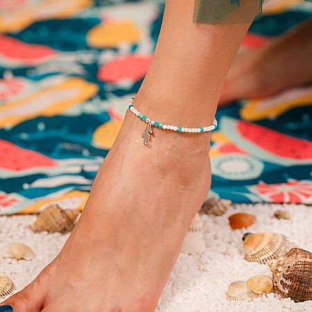 Bratara picior Yamini din cristale de Amazonit si margele de Scoica cu charm Calut de mare din Argint 925 [4]