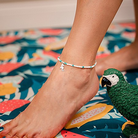 Bratara picior Yamini din cristale de Amazonit si margele de Scoica cu charm Calut de mare din Argint 925 [7]