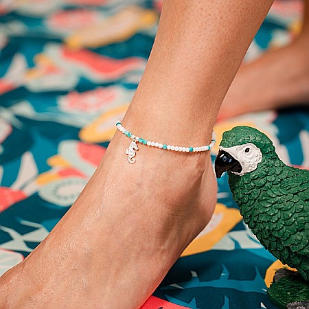 Bratara picior Yamini din cristale de Amazonit si margele de Scoica cu charm Calut de mare din Argint 925 [6]