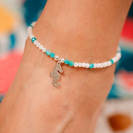 Bijuterii Amazonit - Bratara picior Yamini din cristale de Amazonit si margele de Scoica cu charm Calut de mare din Argint 925