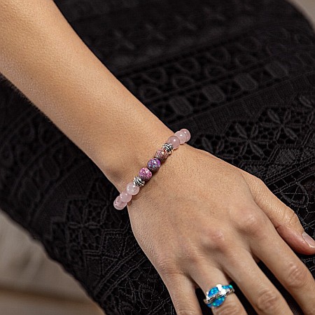 Bijuterii Agat - Bratara pietre semipretioase Abena din Cuart Roz, Agata Mov si Rodocrozit, margele de 8mm