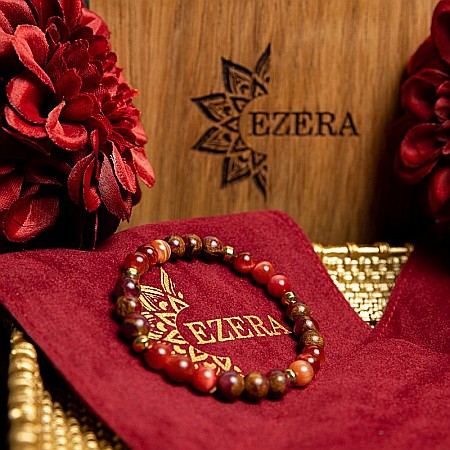 Bijuterii Ochi Tigru - Bratara pietre semipretioase dama, Annissa, cu cristale din Ochi de Tigru si Cloisonne Rosu, sfere de 6 si 8 mm