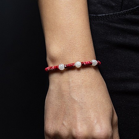 Bratara pietre semipretioase dama, Lori, cu cristale de Piatra Lunii si distantiere din Sediment Marin Rosu [6]