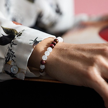 Bratara pietre semipretioase Piatra Lunii si Cloisonne Rosu pentru femei, Kamari, margele de 6mm