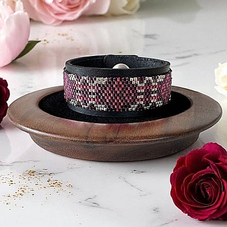 Bratara rigida Lira miyuki roz-argintiu pe suport din piele, 18 cm [1]