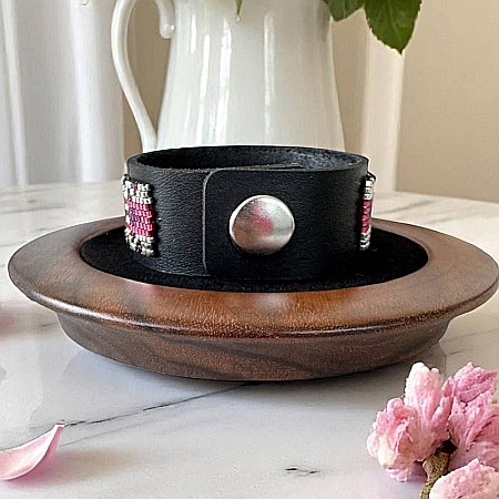 Bratara rigida Lira miyuki roz-argintiu pe suport din piele, 18 cm [3]