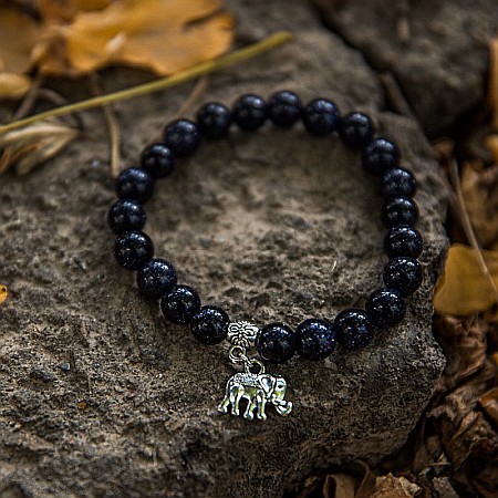 Bratara “Samara” cu pietre semipretioase sintetice, Sand Stone Albastru si Charm Elefant, pentru femei, margele de 8 mm [1]