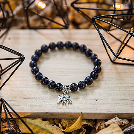 Bratara “Samara” cu pietre semipretioase sintetice, Sand Stone Albastru si Charm Elefant, pentru femei, margele de 8 mm [5]