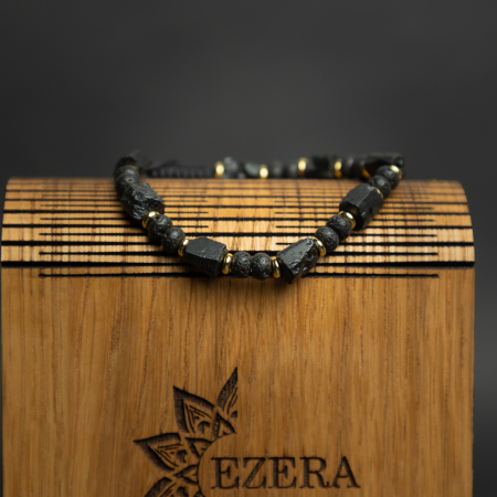 Bratara snur barbati din turmalina neagra naturala realizata manual, cu margele de lava, Devyan [8]