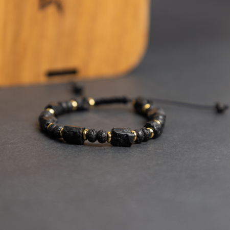 Bratara snur barbati din turmalina neagra naturala realizata manual, cu margele de lava, Devyan [11]