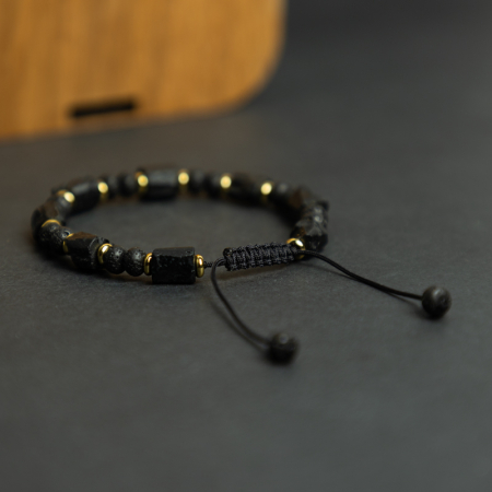 Bratara snur barbati din turmalina neagra naturala realizata manual, cu margele de lava, Devyan [10]