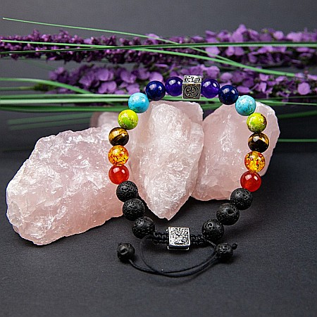 Bijuterii Agat - Bratara snur difuzor aromaterapie “Tamar” 7 Chakre cu Pietre de Lava (Vulcanice) si Simboluri Copacul Vietii si OM