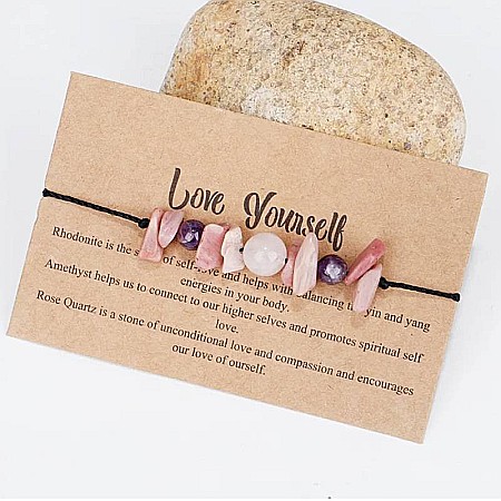 Bijuterii Rodonit - Bratara snur Love Yourself din cristale de Rodonit, Ametist si Cuart Roz