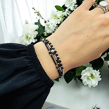 Cristale dupa culoare - Bratara snur negru-argintiu Elysia 3 straturi Miyuki si Obsidian cu argint 925