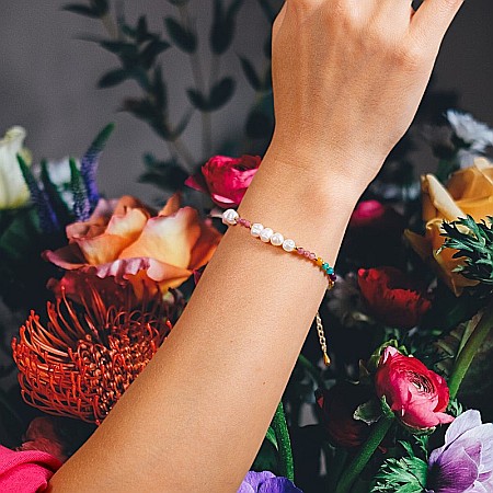 Bratara Taya din perle naturale si cristale de Turmalina roz, Topaz, Amazonit si Ametist din Argint 925 placat cu aur [1]