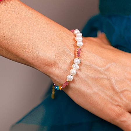 Bratara Taya din perle naturale si cristale de Turmalina roz, Topaz, Amazonit si Ametist din Argint 925 placat cu aur [5]