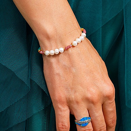 Bijuterii Topaz - Bratara Taya din perle naturale si cristale de Turmalina roz, Topaz, Amazonit si Ametist din Argint 925 placat cu aur