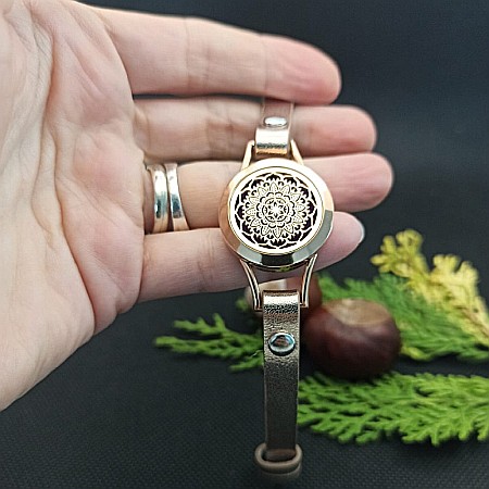 Bratara Uleiuri Esentiale pentru Aromaterapie, Curea din Piele Ecologica, Aurie, Dubla, cu Medalion Mandala Rose Gold [5]