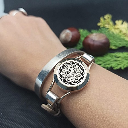 Bratara Uleiuri Esentiale pentru Aromaterapie, Curea din Piele Ecologica, Aurie, Dubla, cu Medalion Mandala Rose Gold [2]