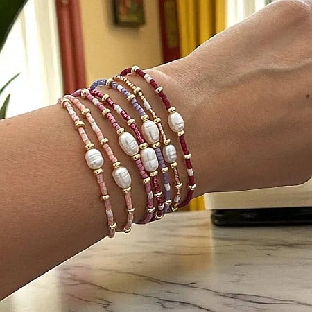 Cristale dupa culoare - Bratari colorate Amaryllis din margelute miyuki cu accesorii din argint placat cu aur si Perla de cultura