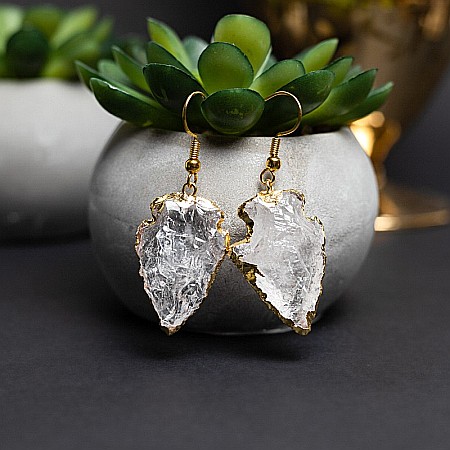 Cercei cristal cuart alb stanca model sageata placat cu aur 18K Boho Ameya