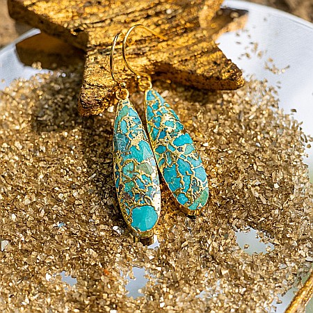 Cercei cristale Dangle Turcoaz, piatra bruta, Prisha placati cu aur de 18K