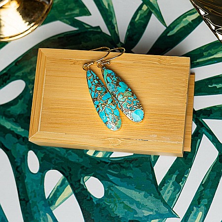 Cercei cristale Dangle Turcoaz, piatra bruta, Prisha placati cu aur de 18K [6]