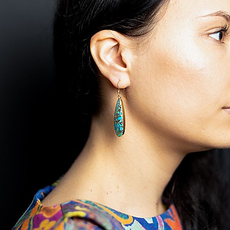 Cercei cristale Dangle Turcoaz, piatra bruta, Prisha placati cu aur de 18K [5]