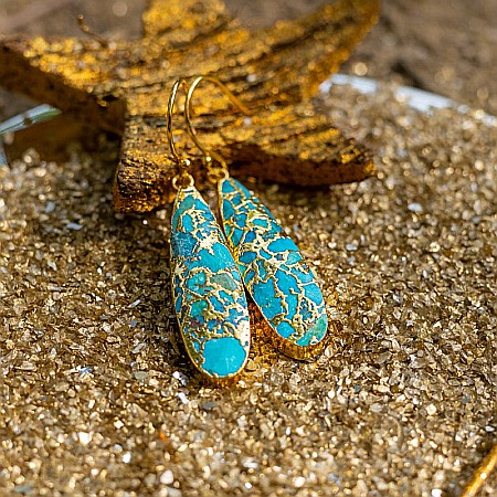 Cercei cristale Dangle Turcoaz, piatra bruta, Prisha placati cu aur de 18K [4]