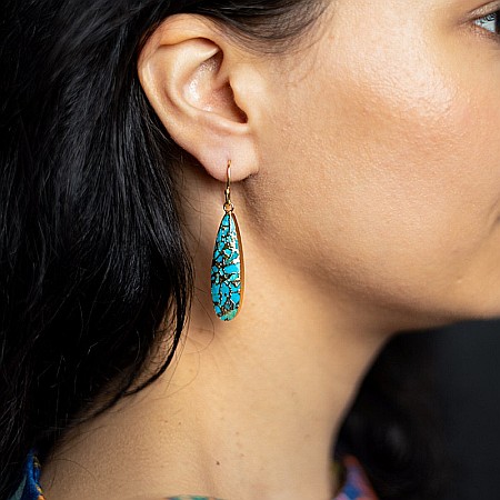 Cercei cristale Dangle Turcoaz, piatra bruta, Prisha placati cu aur de 18K [1]