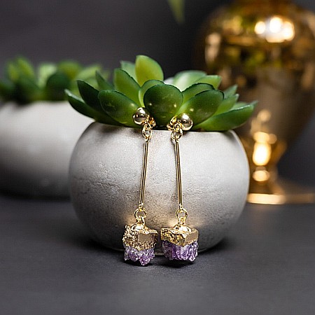 Cercei cristale Drop Ametist brut, placati cu aur 18K, Nirmala