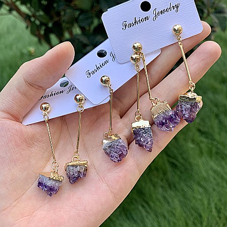 Cercei cristale Drop Ametist brut, placati cu aur 18K, Nirmala [5]