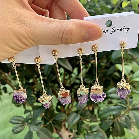 Cercei cristale Drop Ametist brut, placati cu aur 18K, Nirmala [7]