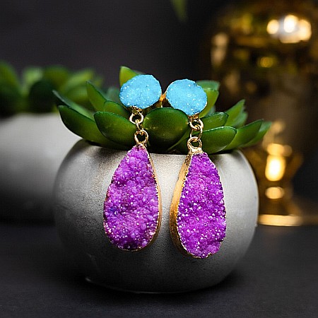 Alama placata cu aur - Cercei cristale Druzy Agate picatura Bimala placat cu aur 18K