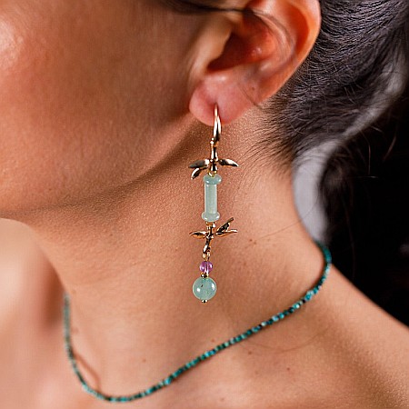 Cercei drop eleganti din jad verde Ryna ❤️ placati cu aur [6]