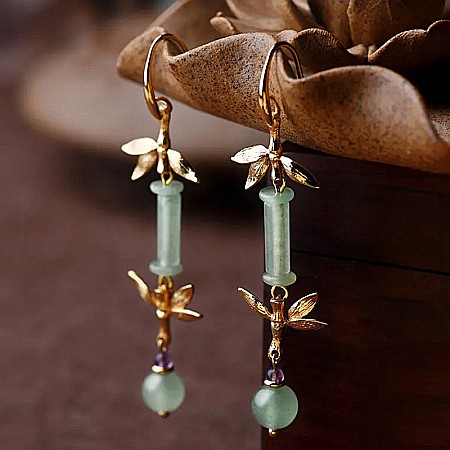 Cercei drop eleganti din jad verde Ryna ❤️ placati cu aur [4]