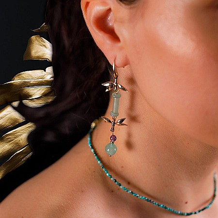 Cercei drop eleganti din jad verde Ryna ❤️ placati cu aur [3]