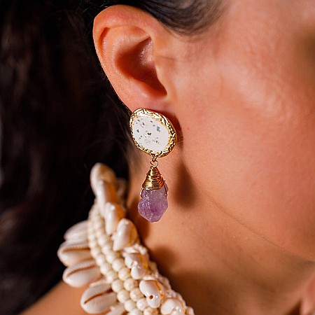 Cercei drop eleganti pietre semipretioase Ametist Zuhu cu Sidef de Scoici [1]