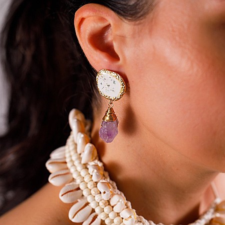 Cercei drop eleganti pietre semipretioase Ametist Zuhu cu Sidef de Scoici [7]