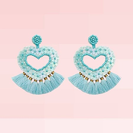 Cercei Lungi - Cercei Jhumka din margele Miyuki, in forma de inima, stil indian, culoare turcoaz